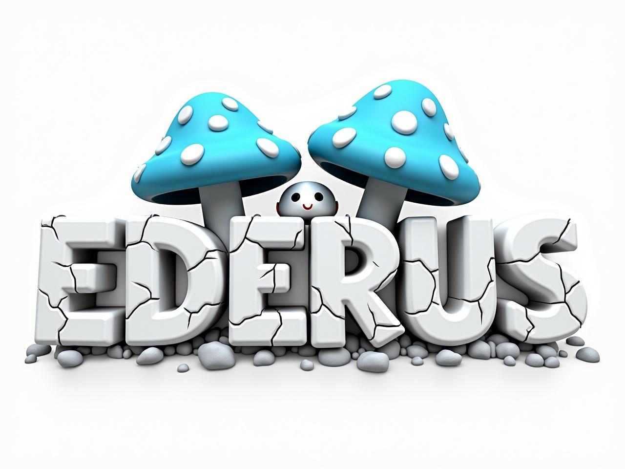 Create a playful and modern 3D logo for the brand 'EDERUS'. The design features large, bold text that appears cracked and rugged. Behind the text, incorporate two blue mushrooms with white spots, positioned symmetrically to add depth. Place a friendly, simple character above the text, nestled between the mushrooms. Small debris is scattered around the base of the text for a dynamic look. The entire palette should be minimal, using white and shades of blue and gray, with a transparent background for versatility.