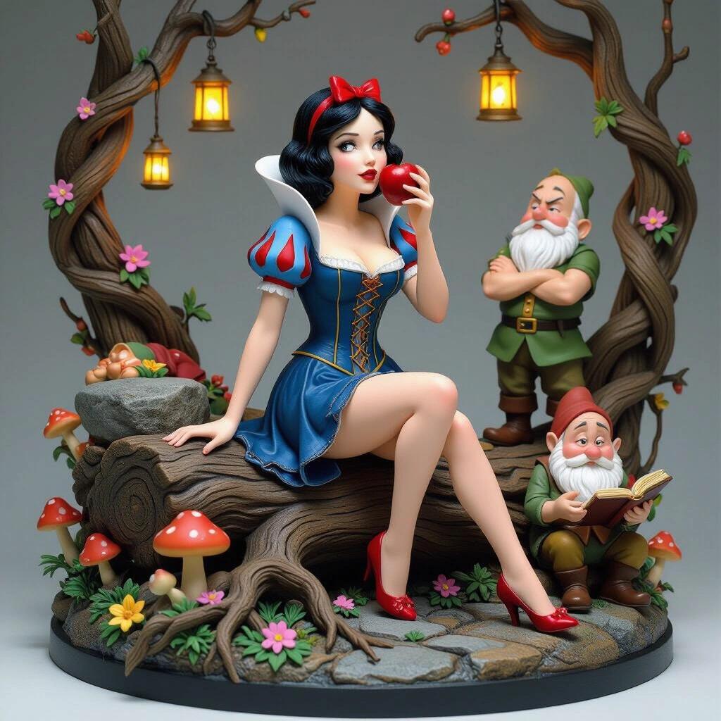 Detailed resin figure of Snow White sitting on a log with roots and flowers. Snow White wears a tight dress in a sensual pose. She holds a red apple near her lips. Her hair has a red ribbon. Around her are three dwarves. One sleeps on a rock. Another looks at her angrily. The last reads a book. The base features glowing mushrooms, hanging lanterns, and tangled roots.