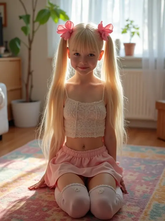 A child with long blonde hair and pink bows kneeling on a colorful rug. She wears a crop top, pink skirt, and thigh-high socks with lace. A flirty smile is present. Hands are on her sides. Teddy bear is nearby.