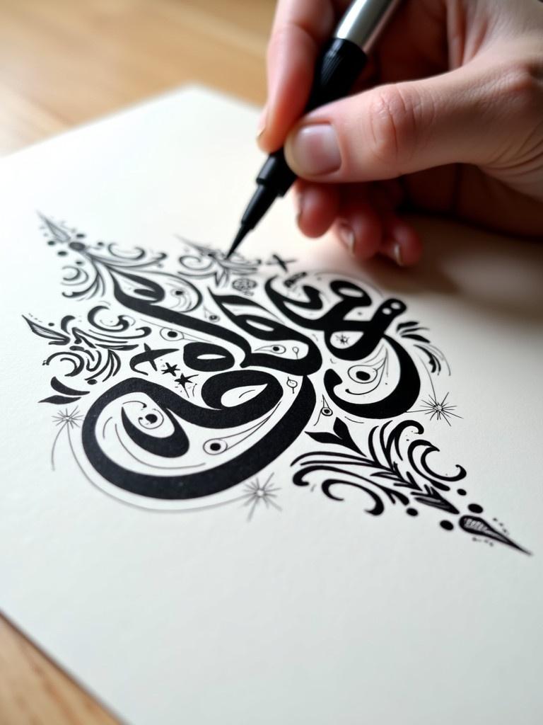 Black ink calligraphy on white paper. Steady hand writing elegant letters. Surrounding designs enhance the main calligraphy. Soft light highlights the strokes. Name Alekya written in bold style. By artist Khaleel.