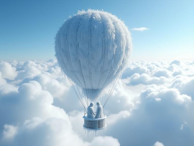 Highly detailed image depicts ice-covered hot air balloon floating over fluffy clouds in blue sky. Balloon coated in frost with icicles. Two figures inside basket encased in ice. Soft lighting shows reflective ice surfaces. Tranquil and mysterious atmosphere.