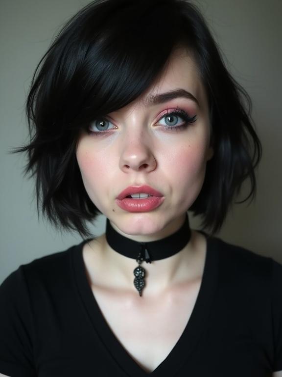 A young woman with black hair and blue eyes. She wears dark makeup with eyeshadow and eyeliner. She is dressed in a black v-neck t-shirt with an emo choker. The focus is on her neckline and choker. The expression is happy and playful.