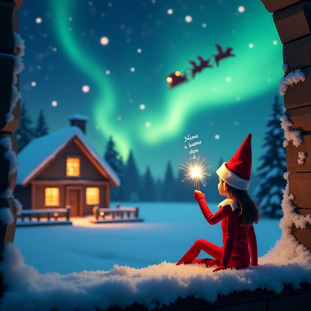 This enchanting scene features a girl elf on the shelf sitting on a snowy ledge, facing away from the viewer. The elf gazes up into a beautiful night sky filled with twinkling stars and vibrant northern lights. She holds a sparkling wand, writing names in the air to create a magical effect. In the background, a cozy cabin glows warmly, evoking a sense of holiday comfort. Santa and his sleigh can be seen flying across the sky, adding to the festive atmosphere.