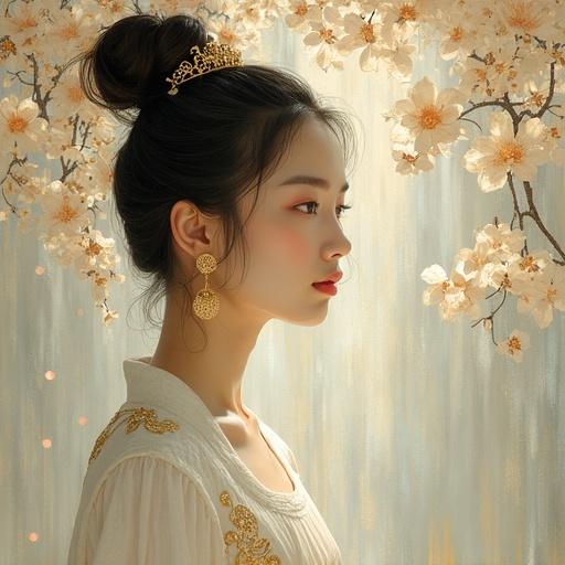 Beautiful Asian young woman dressed in white gown with gold accents. Traditional princess style. Surrounded by floral background. Appears elegant and serene.