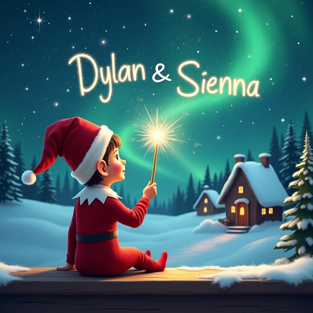 An elf sits on a wooden ledge gazing at a magical sky. The elf is dressed in a red outfit with a pointed hat and holds a sparkling wand. The elf writes the names 'Dylan' and 'Sienna' in the starry sky. The background features a snowy landscape with little houses and evergreen trees under the Northern Lights. This scene captures childhood magic and Christmas cheer.