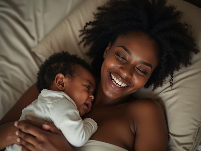Image of a joyous mother and her baby. They are lying on a bed with warm, soft colors. Mother has a big smile while holding the baby closely. The lighting is soft and natural. A sense of love and happiness is present between them.
