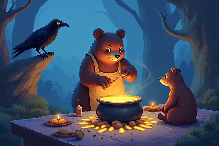A bear is stirring a glowing cauldron surrounded by various objects. A small bear sits nearby. A raven watches from a rock. The scene has a magical feel.