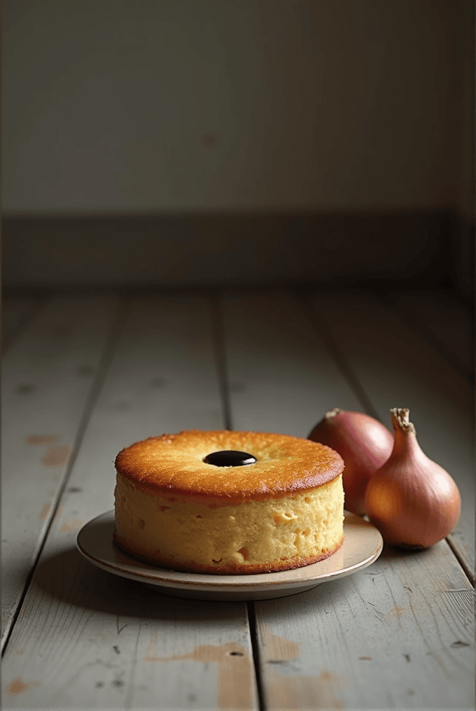 A round cake with a dark center is placed on a wooden surface next to two onions.