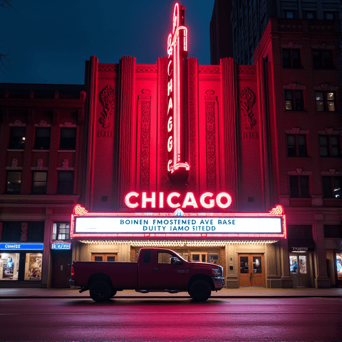 A red neon marquee with the word 'CHICAGO' lights up the night, with a red truck parked on the street in front of it.