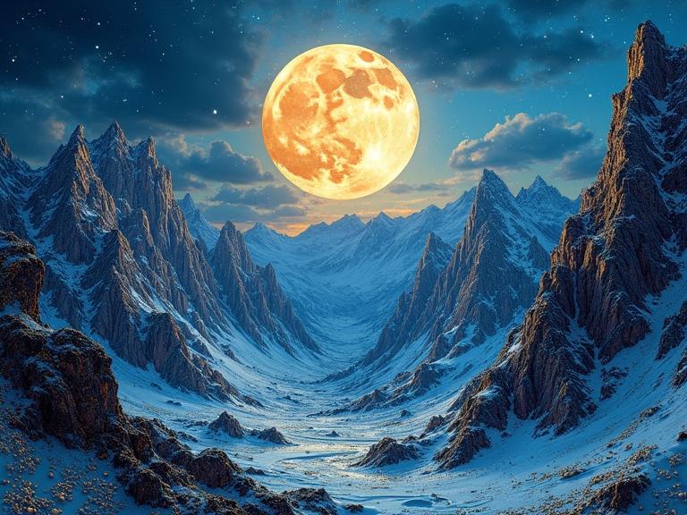 Moonlit jagged mountain ridge twisting into the distance. Radiant and iridescent gold detailing and pearls. Ethereal and fantastical atmosphere with sparkling light.