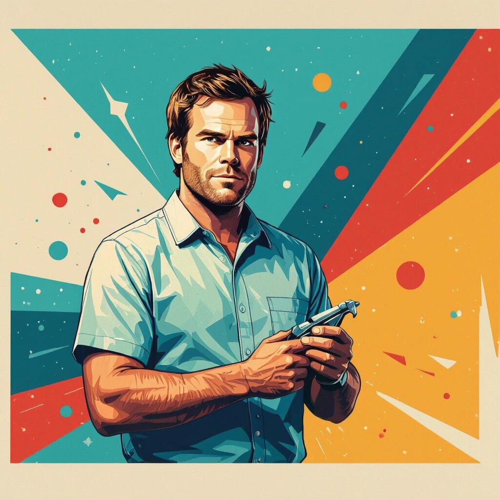 Illustration of a character inspired by Dexter theme. Character stands confidently with a weapon. Background features vibrant colors and dynamic shapes. Art style is modern and bold.