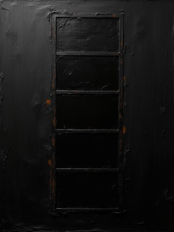 Digital oil painting features black background with harsh paint strokes and corroded artistic elements. The artwork combines flat colors with a design resembling film strips. Shadows and edges create a dynamic silhouette. Minor signs of wear and weathering present in texture.