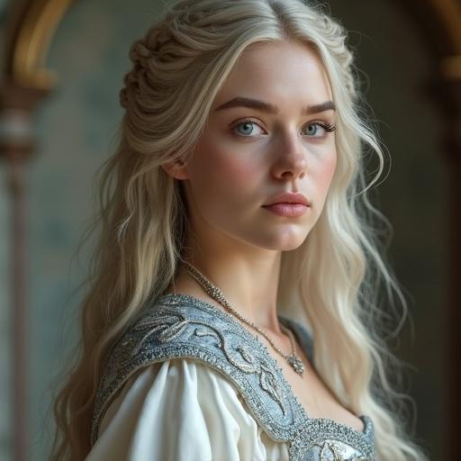 A full-body portrait of a noble young woman. Long wavy platinum blonde hair flows past her waist. Skin is pale and porcelain. Delicate features and large almond-shaped blue eyes. She wears an ornate white gown with silver and blue accents. High collar and intricate embroidery. Calm and regal expression. Soft pink lips. Standing in a medieval palace background. Softly lit and photorealistic with high detail.