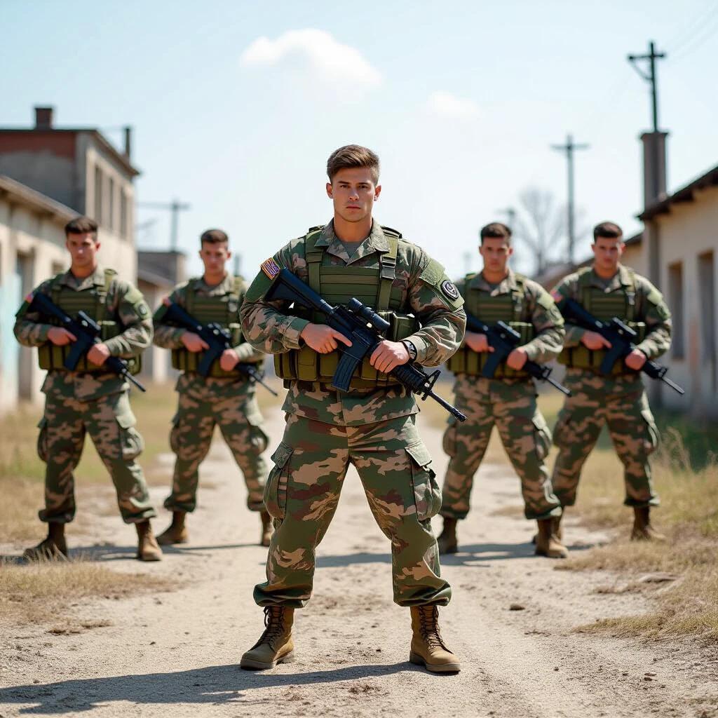 All male military brigade on abandoned battleground. Dressed in camo fashion. Performing fraternity stepping. Soldiers aligned in formation. Holding rifles. Strong, unified presence.