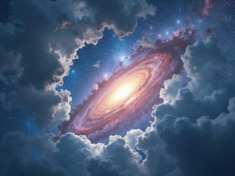 A giant paper tearing open the sky. Reveals a colorful galaxy swirling amidst the clouds. The scene radiates light and cosmic energy.