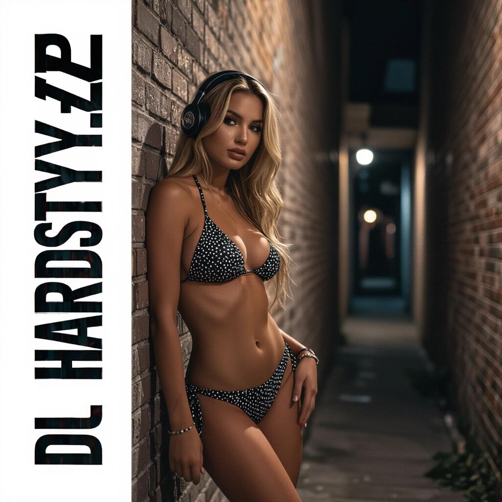 Raw photo of a woman in a bikini leaning against a wall in a dark alley. The image is designed for an album cover with text DJ Hardstylez.