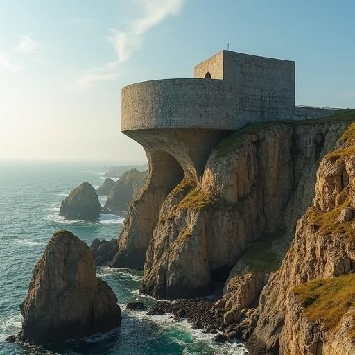 Massive bunker perched on top of a stone cliff overlooking the ocean. Clear sky with golden sunlight reflecting on the water.
