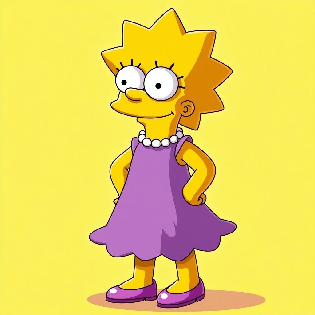 Female Simpson character features a childlike appearance. Character has a yellow skin tone. Wearing a purple dress with a flared skirt. Displays playful expression with big round eyes. Has short spiky hair. Accessories include a pearl necklace. Footwear consists of purple shoes. Appears joyful and confident.