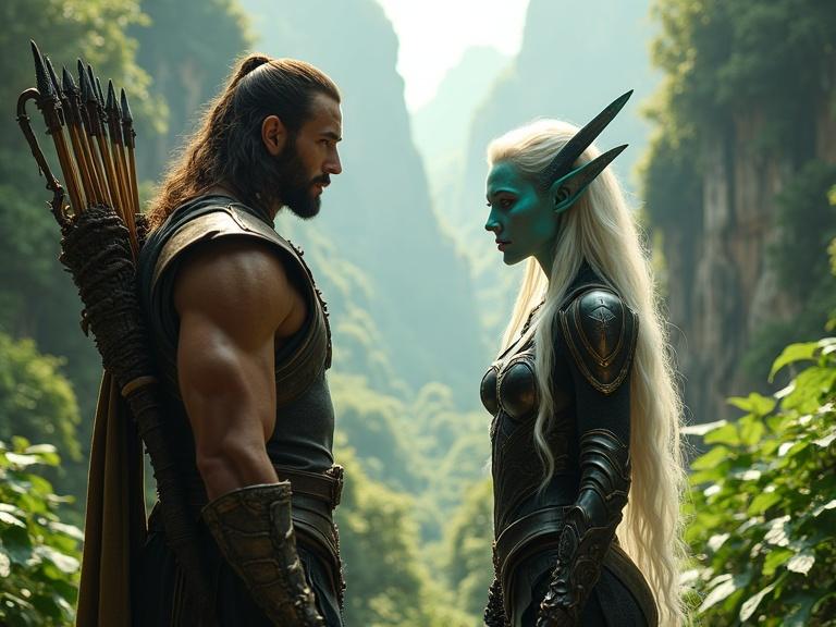 A muscular warrior stands confidently with bronze armor and a bow on his back while holding an arrow. In front a beautiful alien elf woman is present with long platinum hair and glowing skin. She wears dark metallic battle armor with sci-fi details. The backdrop features a lush green jungle valley with steep rocky cliffs. Sunlight filters through the foliage. Their eye contact is intense. The lighting is dramatic and cinematic in style.