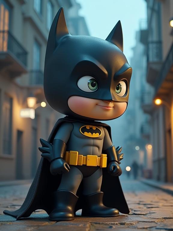 Cartoon 3D representation of Batman with a cute design. Small stature with large eyes. Dressed in black and yellow outfit. Set in a city environment with soft lighting.