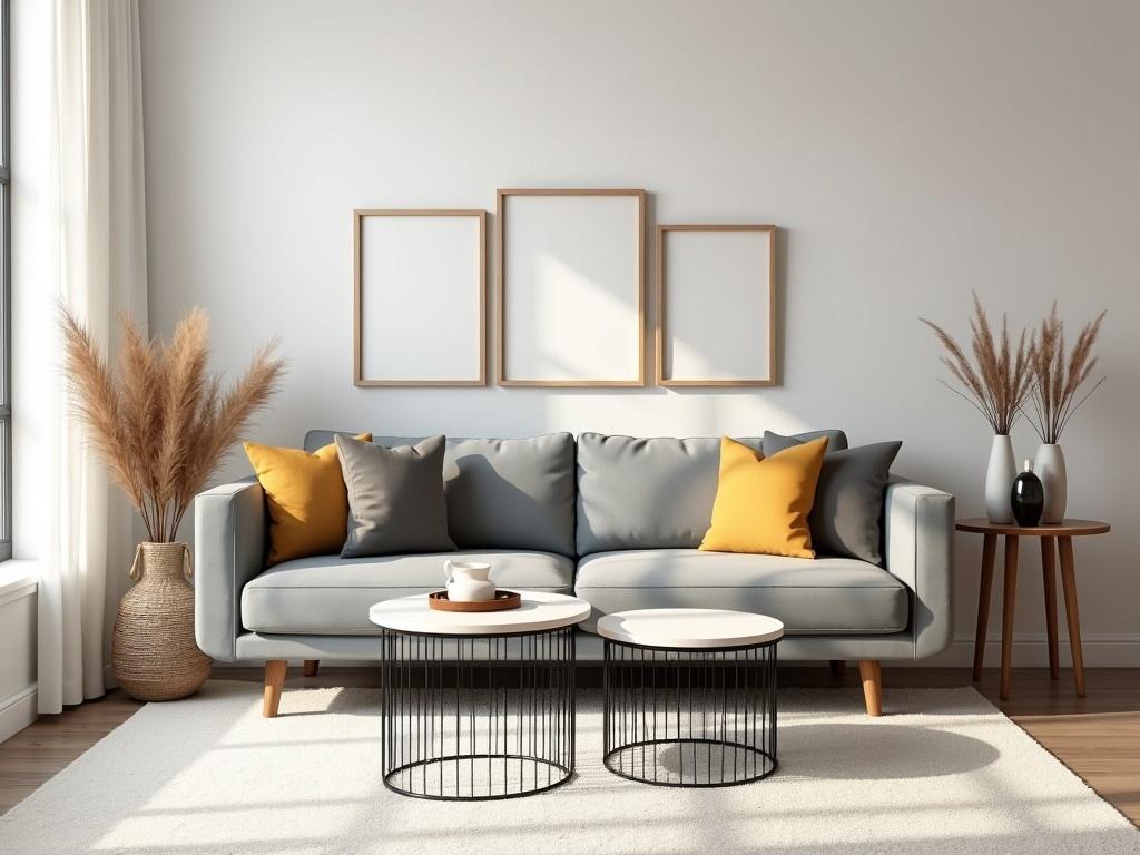 This is a cozy living room featuring a modern design. The sofa is grey with two decorative pillows in gold and grey hues. In the middle, there are two stylish round tables made of thin metal, placed on a soft, white area rug. Above the sofa, there are three empty picture frames on the wall, awaiting decoration. Next to the sofa, a small wooden side table holds a couple of decorative vases and a beautiful pampas grass arrangement. The room is filled with natural light, creating a warm and inviting atmosphere.