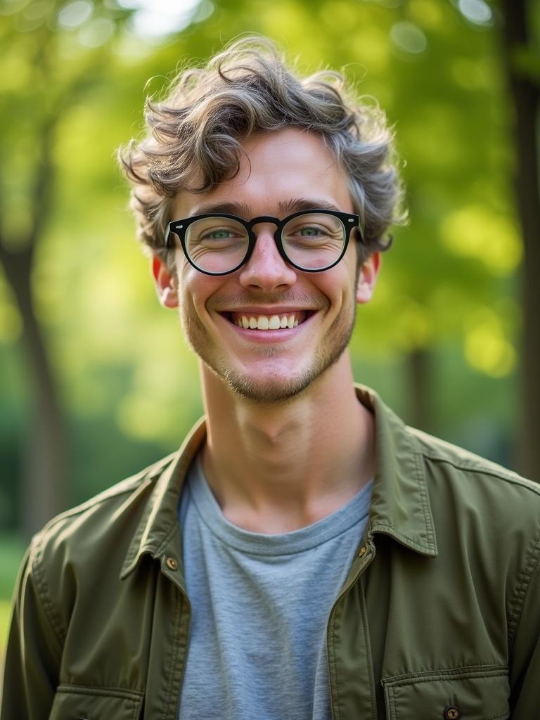 Portrait of a young man outdoors. He is smiling and wearing a grey t-shirt and olive green jacket. His hairstyle is curly and grey. Background is lush green trees with natural light.