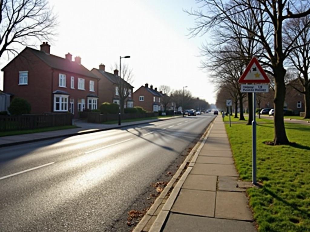 The image shows a quiet street named Princes Street. The street is wide and appears to have low traffic. Sunlight shines from the left side, creating a bright glare in the background. On the right, there is a grassy area and some street signs. A sidewalk is visible alongside the street, leading towards some residential buildings in the background. The overall atmosphere looks calm and peaceful, typical for a suburban area.