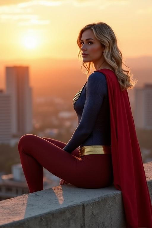 A woman dressed as Supergirl sits on a concrete ledge. The setting sun creates a warm glow. She has a red cape. The superhero suit resembles styles from a recent movie. The scene has a realistic texture and detail.