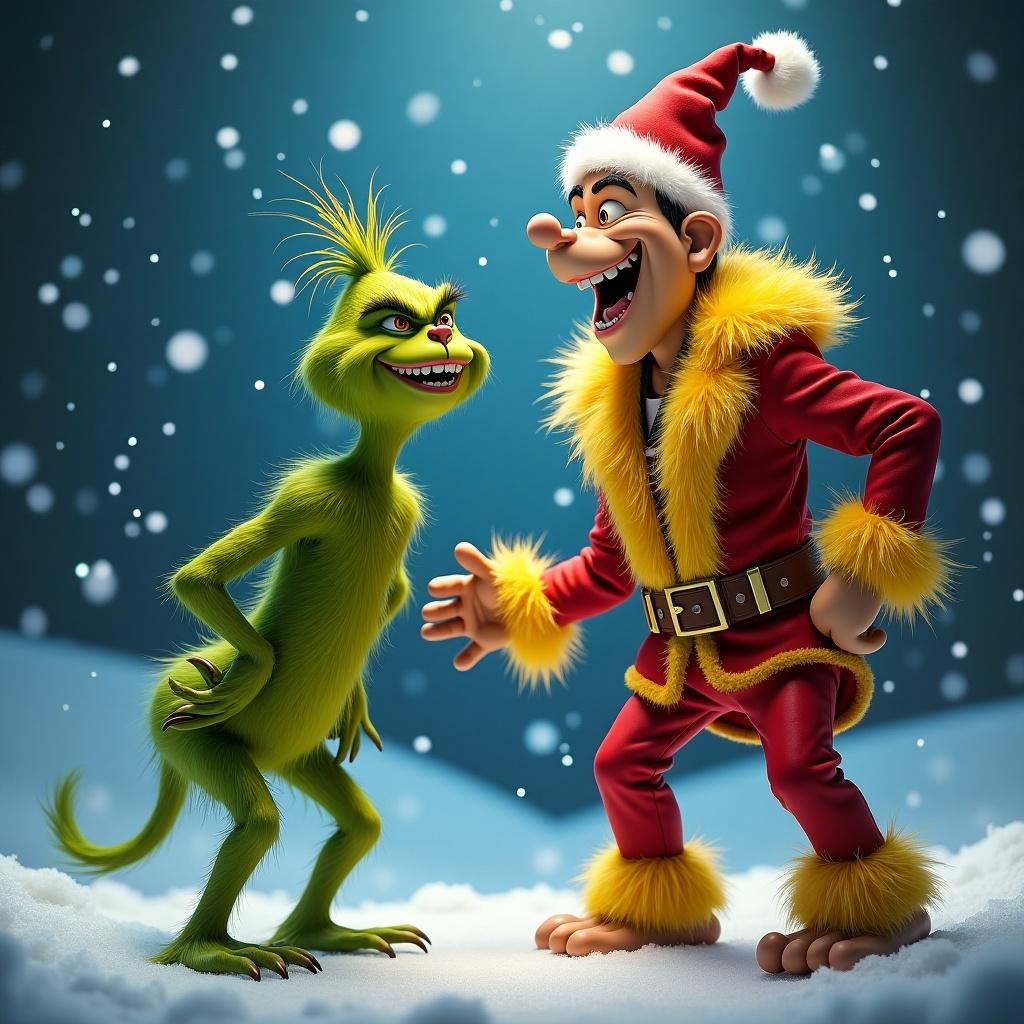 Cartoon characters displayed in a playful holiday setting. A green creature with mischievous expression and a festive red character wearing a Santa outfit. Snowflakes fall around them, creating a joyful scene.