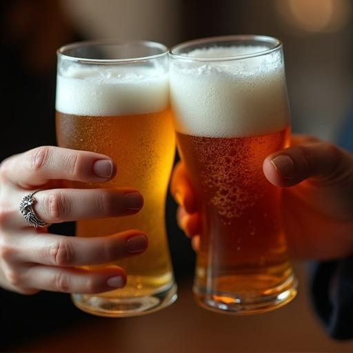 Cinematic close-up shows two beer glasses clinking together. Beer is golden and bubbly with foam. One glass held by a woman's hand; the other by a man's hand. Woman has manicured nails and a silver lion's head ring. Scene is warm and joyful with blurred dark background.