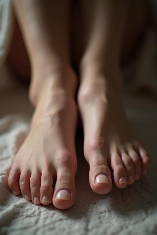 Image shows attractive feet and soles belonging to a mature goth woman. The close-up view emphasizes the smooth skin and well-shaped toes. Natural lighting improves the aesthetic. The blurred background directs focus to the feet. Evokes beauty and self-care feelings.