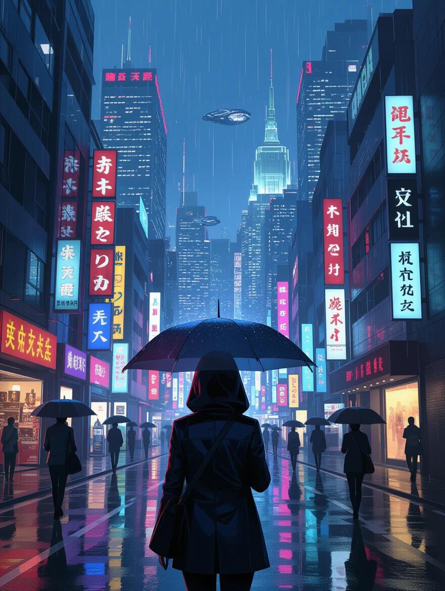 Cyberpunk rainy night street with a woman named KIRA looking up towards a hovering vehicle disappearing. Serious expression and rain dripping from the brim of her hat.