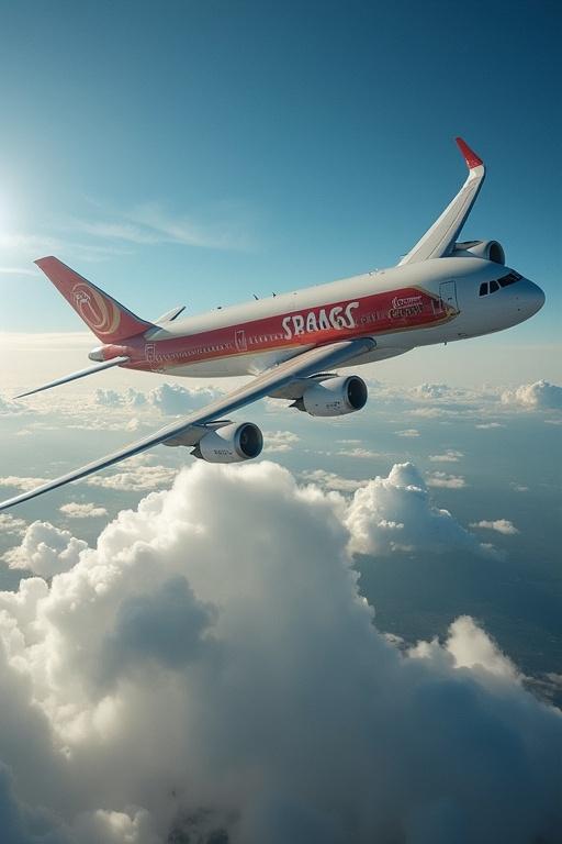 Airplane flying high above the clouds under a blue sky.