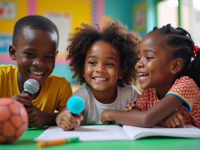 Close-up vibrant photograph of Nigerian children in a classroom. Children are engaged in various activities demonstrating skills. One child sings with a microphone. Another draws with crayons. Soccer ball is present. The setting is bright with colorful educational posters. The image showcases talent and abilities.