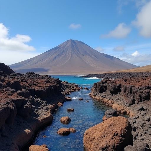 Image inspired by Lanzarote in Ghibli style. Volcanic rocks with plankton visible in calm waters. Beautiful volcano in the background with blue ocean.