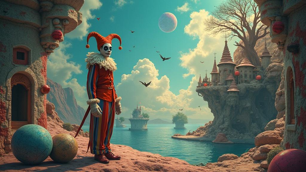 Surreal scenery depicting a colorful jester in a fantastical landscape. Features dreamlike elements with vibrant colors. Inspired by Wojtek Siudmak's artistic style. Digital illustration. The landscape includes castles and a tranquil sea with ships and celestial bodies.