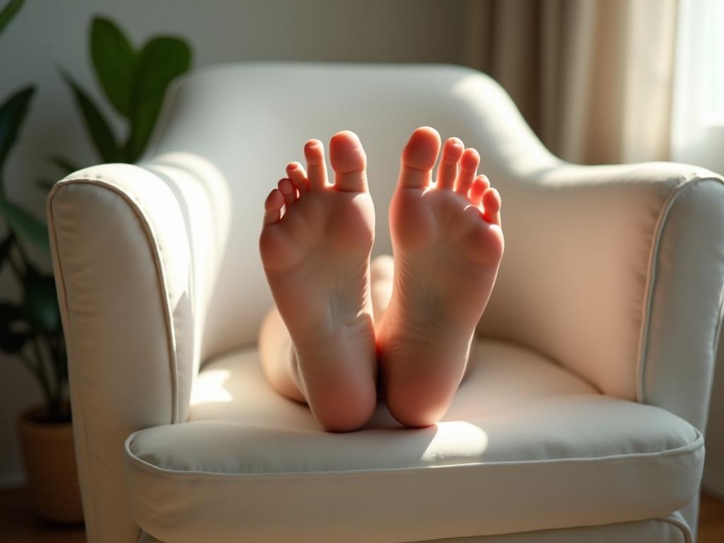 In a cozy room filled with soft natural light, a pair of perfectly manicured feet rest on the edge of a contemporary white chair. The lighting casts dramatic shadows, highlighting the curves and contours of the feet. The background is softly blurred, creating a dreamy quality that draws attention to the toes. The style mimics the aesthetic of renowned photographers like Paola Kudacki and Andrew Krivulya, combining hyper-maximalist elements with natural beauty. This composition captures a sense of serenity and elegance, while the overall atmosphere feels warm and inviting.