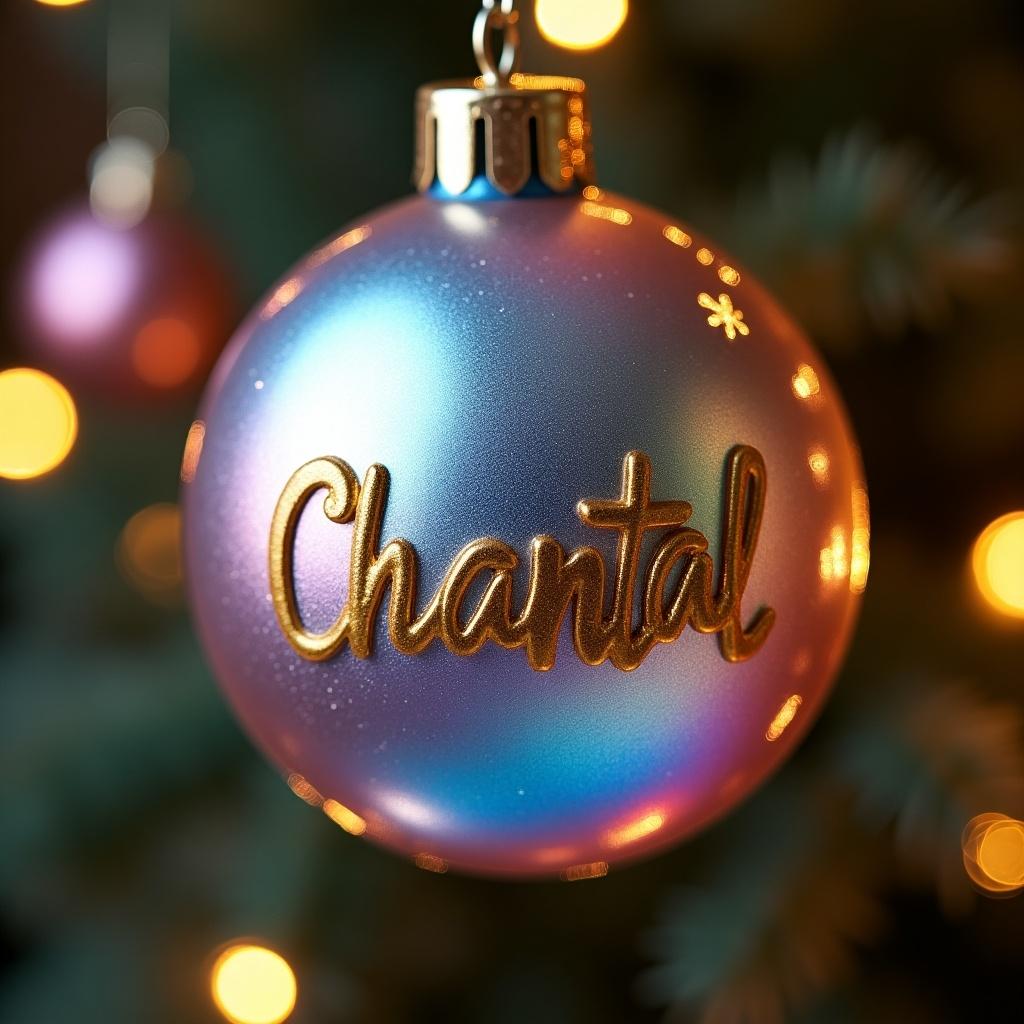 Christmas bauble with iridescent colors and gold lettering of the name Chantal