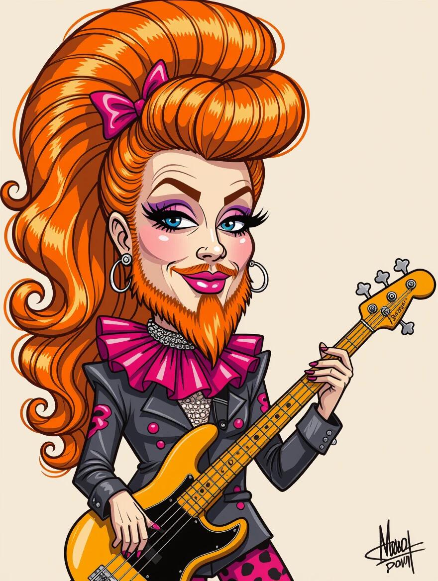 Exaggerated caricature of a person with tangerine hair styled in voluminous curls. Wearing pink vinyl and leopard tan attire. Holding a bass guitar. Features heavy stage makeup and a decorative neckline. Digital art with bold colors and thick outlines.
