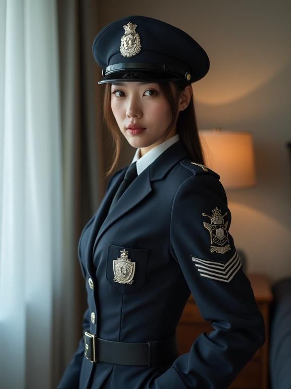 Cinematic fashion photography featuring an East Asian woman in police uniform. She stands in her room wearing a cap, looking confidently at the camera. The image has a gray and pinkish muted color theme with a professional wide angle perspective. The atmosphere gives an erotic mood.