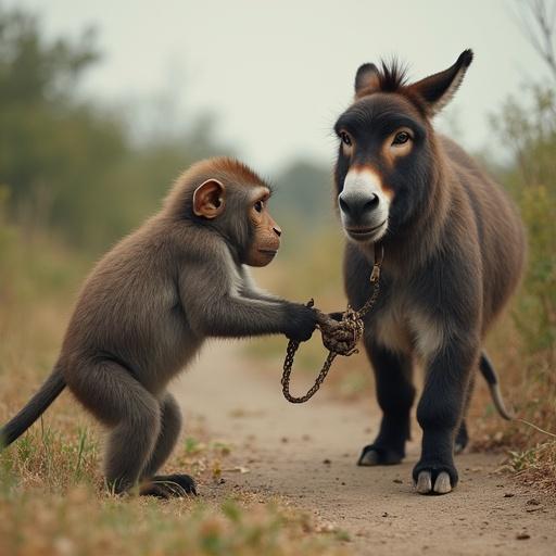 A monkey interacts playfully with a donkey carrying a heavy load on a path. The monkey appears to inquire humorously about the donkey's burden.