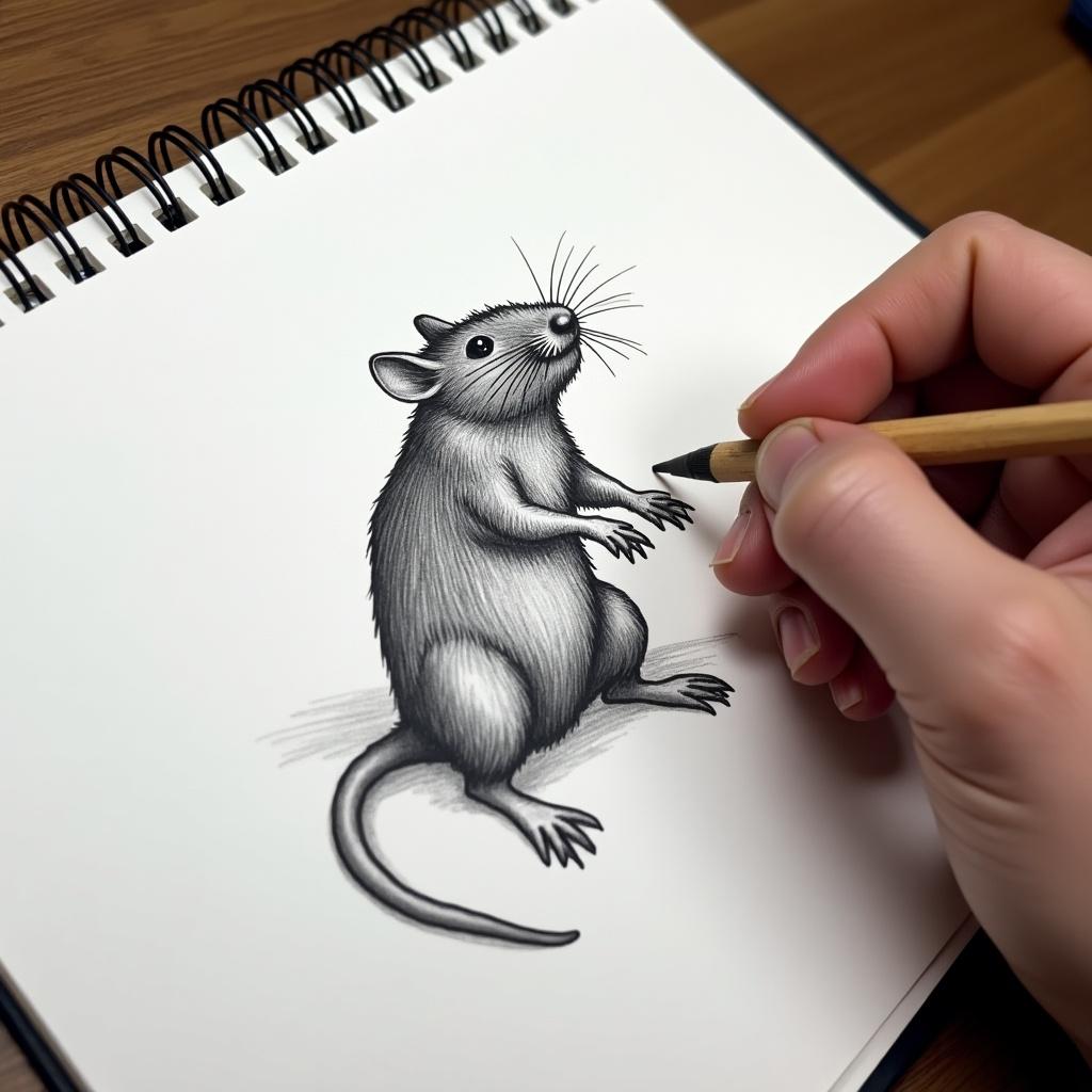 A person draws a rat on a sketchpad. The drawing is detailed and realistic. The sketchpad is spiral-bound. A hand holds a pencil. The rat stands on its hind legs. The setting has a wooden table.