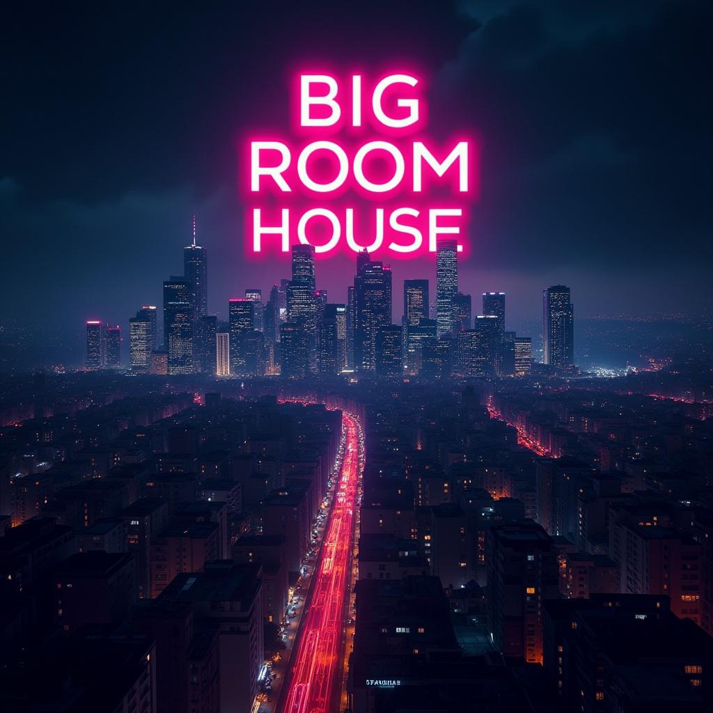 Dark captivating scene city skyline art on music album cover with text Big Room House