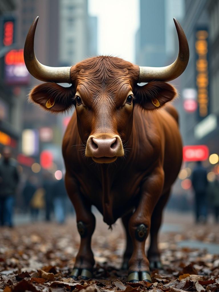 A brown bull standing on a street covered with leaves. Buildings and people visible in the background. The bull is facing the viewer.