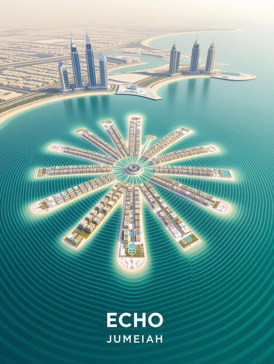 Poster design features Echo of Palm Jumeirah. Shapes create transparent and fading repetitions of an island's form. Illustrates sound waves propagating through space. Echoic Abstract Art style.