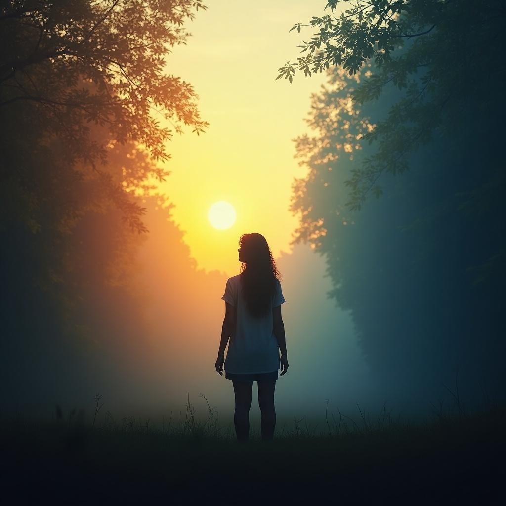 The image depicts a woman standing alone in a misty forest at sunrise. The warm tones of the sun are contrasting beautifully with the cool blues of the fog. The silhouette creates a sense of mystery and introspection. The surrounding trees add depth to the scene, evoking feelings of tranquility. This moment captures the essence of self-knowledge and personal reflection.