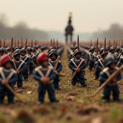 An army of plasticine soldiers stylized as Napoleonic wars. Scene depicts line of soldiers prepared for battle at Borodino.