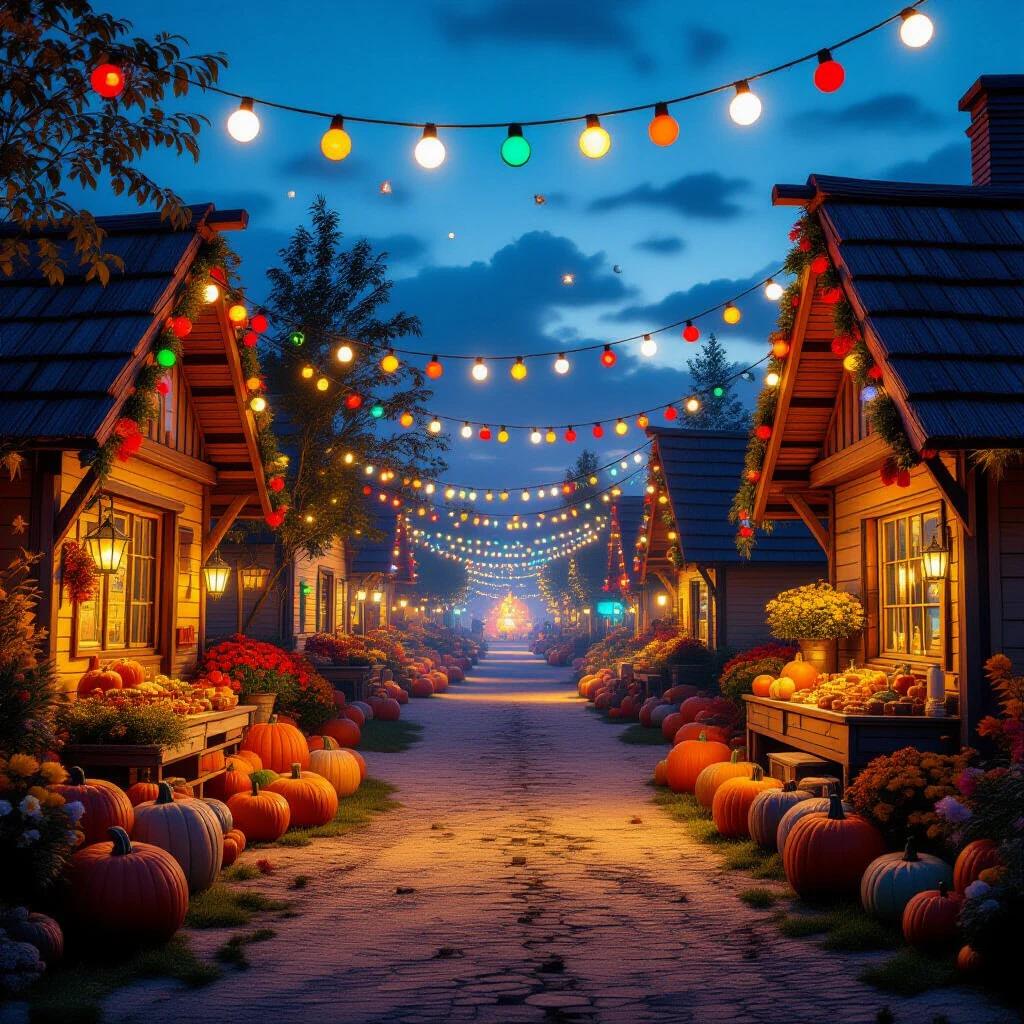 A harvest festival scene. Colorful decorations and bright lights adorn houses. Pumpkin displays line the street. A cinematic view captures the essence of autumn. The setting is inviting and vibrant. Hyper-realistic details evoke warmth.