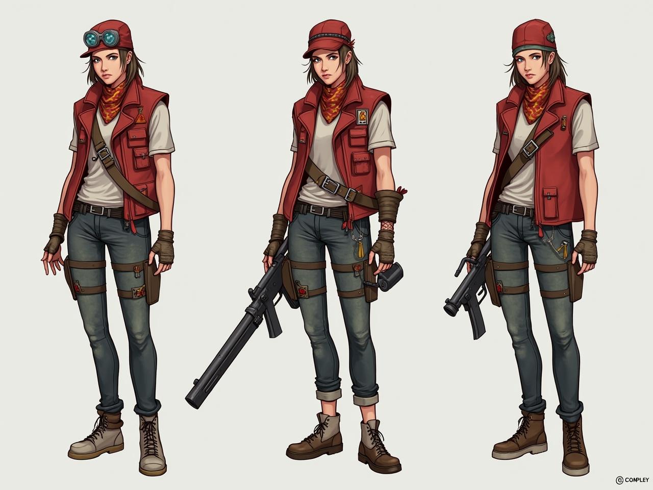 This character is dressed in a rugged yet stylish outfit, perfect for a post-apocalyptic setting. She wears a vibrant red vest adorned with various pockets, showcasing her resourceful nature. A bandana is wrapped around her neck, adding a splash of color to her appearance. The character is equipped with tools and weapons, hinting at her readiness to defend herself and her beliefs. Her stance expresses determination as she prepares to protest against environmental destruction and advocate for sustainability in a world that has lost its way.