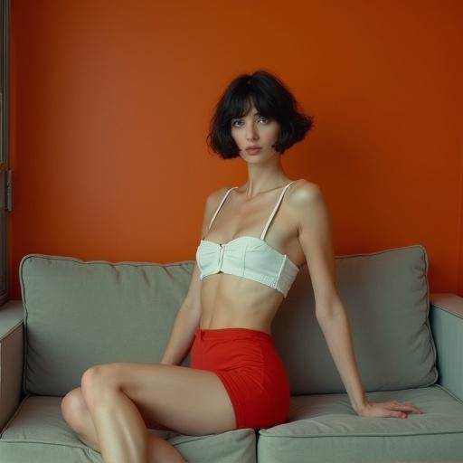 A woman with short dark hair in seductive red lingerie sits on a light gray sofa against an orange wall. The photo has a vintage aesthetic. She has a slim physique. The lighting is warm and inviting.